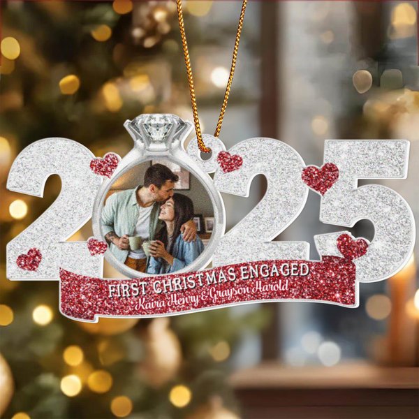 Personalised Romantic Photo Ring Design Glitter 2025 Acrylic Ornament with Names Engagement Christmas Gift for Newlyweds Couples