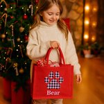 Personalized Plaid Initial Paw Red Jute Tote Bag with Name Christmas Party Gift for Kids Family