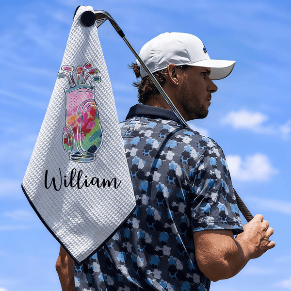 Personalized Watercolor Golf Bag Design Waffle Golf Towel with Name and Hanging Clip Sports Accessories Birthday Gift for Golf Players