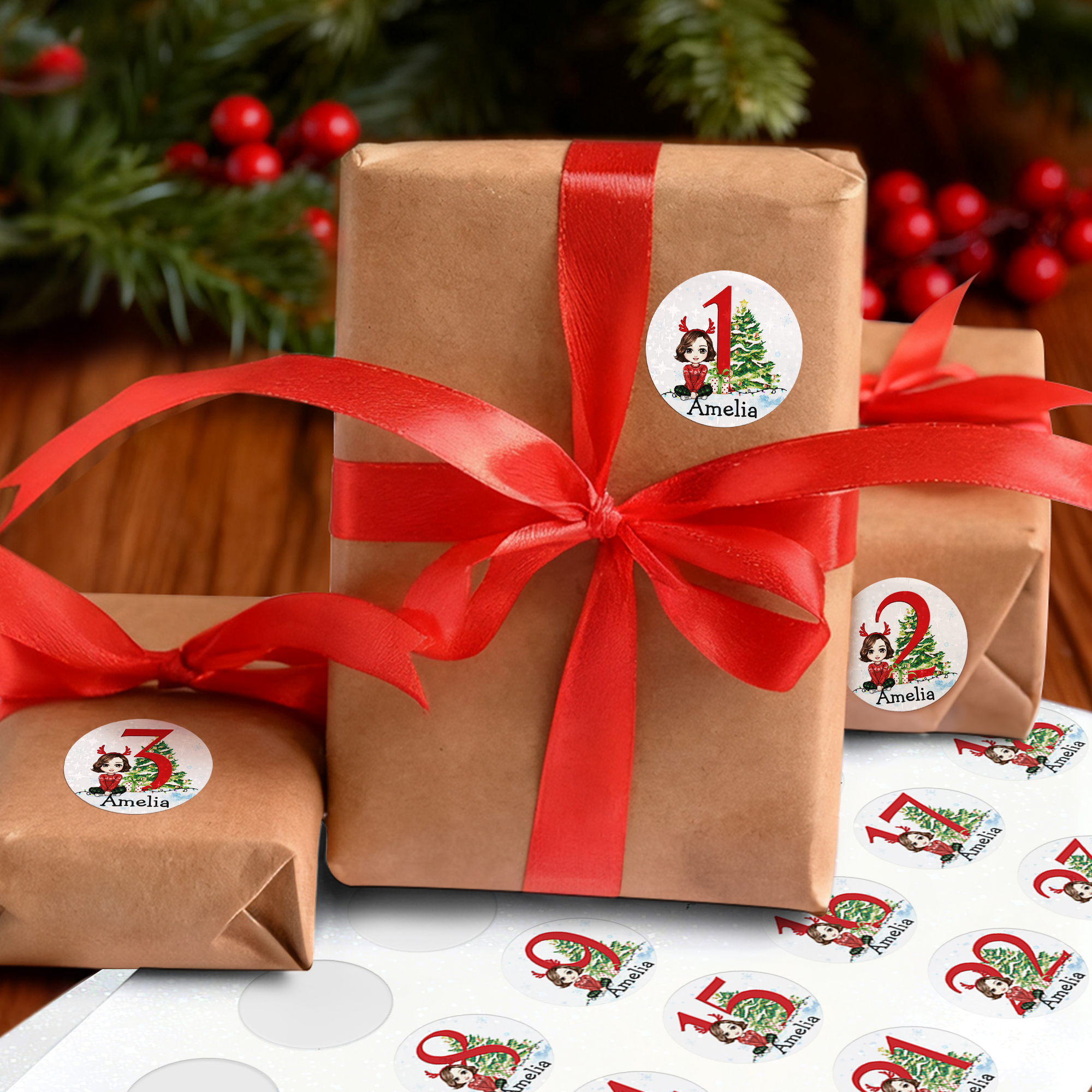 Calendrier de l'Avent Personnalisé avec Compte à rebours 1-24 Jours Etiquettes DIY Décoration Noël Cadeaux Favors pour Enfants