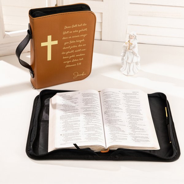 Personalisierte Buchhülle aus PU-Leder mit Kreuz Geburtsblume Namen Text inklusive Tragegriff Geschenk für Christen