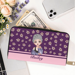 Personalized Birth Flower Cartoon Character Large PU Leather Hand Wallet with Name Multiple Compartments Birthday Bridesmaid Gift for Women