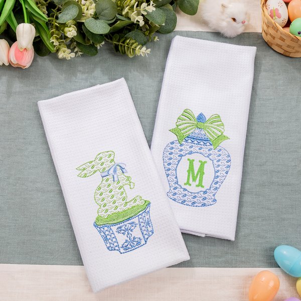 Set de 2 torchons de Pâques personnalisés Chinoiserie Bunny Kitchen Tea Towel with Initial Set of 2 Easter Dishcloth Decor Housewarming Gift for Hostess Family Friend