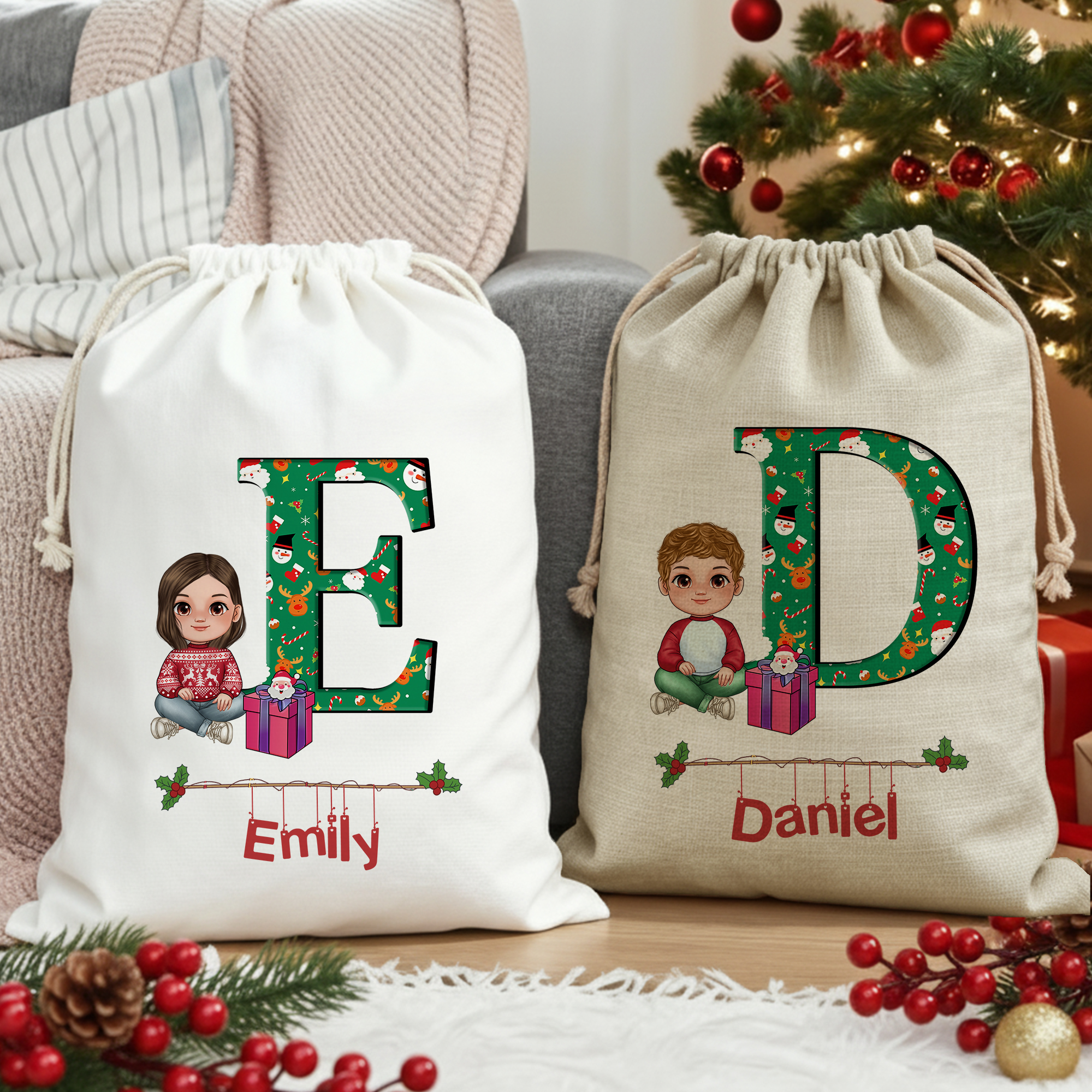 Sac à Cordon Personnalisé avec Personnage Dessin Animé Initiale et Nom Cadeau de Noël pour les Enfants et Famille