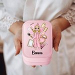 Personalisierte Cartoon Pyjama Mädchen PU-Leder-Schmuck-Box mit LED Drei-Farben-einstellbare Spiegel und Name Freundschaft Geburtstagsgeschenk für Schwestern Freunde