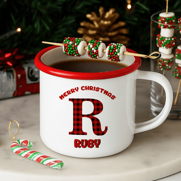 Personalized Dog Paw Initial Christmas Plaid 12 oz Multicolor Enamel Mug with Name Daily Use Christmas Gift for Kids