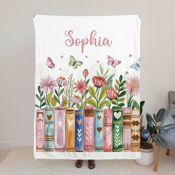 Personalized Flower Reading Nook Book Soft Throw Blanket with Name Reading Corner Daily Use Birthday Gift for Book Lovers