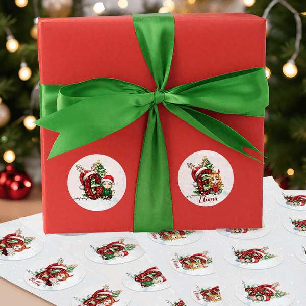 Personalized Santa Hat Initial Cartoon Character Glitter Stickers with Name Set of 2 Gift Decor Christmas Party Favors for Kids Family Friends