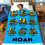 Personalized Construction Trucks Initial Multicolor Soft Throw Blanket with Name and Text Home Decor Birthday Christmas Gift for Boys Truck Lovers
