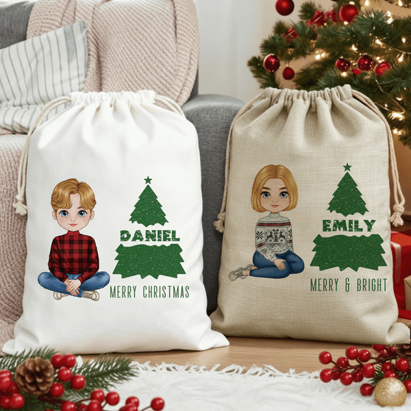Personalized Cute Cartoon Character Christmas Tree Drawstring Gift Bag with Text and Name Christmas Gift for Kids Family Friends