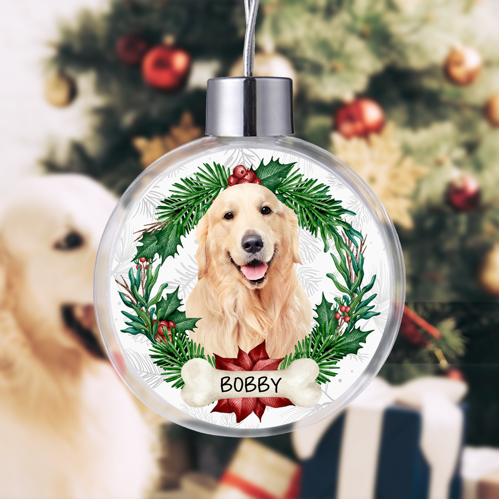 Couronne de Noël personnalisée avec photo de l'animal de compagnie Ornement de boule de Noël avec nom Décoration de la maison Cadeau de Noël pour les propriétaires d'animaux de compagnie Lovers