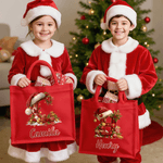 Personalized Santa Hat Holly Initial Design  Large Jute Tote Bag with Name Christmas Party Gift for Family Friends