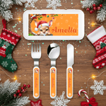 Personalized Cartoon Animal Christmas Tree Santa Hat Food-Grade Kid's Fork Spoon Knife 3 Pcs Cutlery Set with Name Daily Use Christmas Gift for Kids