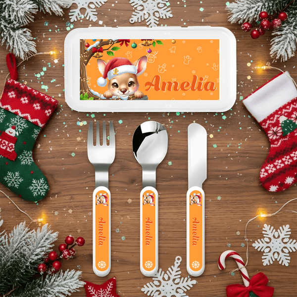 Personalized Cartoon Animal Christmas Tree Santa Hat Food-Grade Kid's Fork Spoon Knife 3 Pcs Cutlery Set with Name Daily Use Christmas Gift for Kids