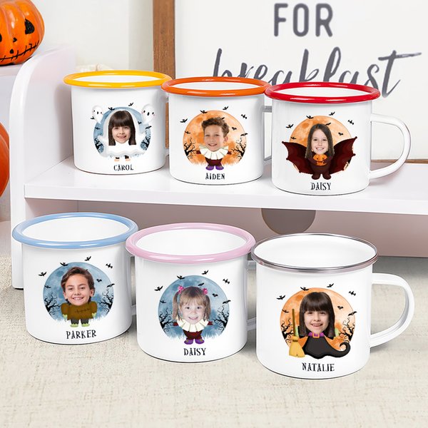 Personalised Face Photo Halloween Costume 12 oz Colorful Rim Enamel Mug with Name Party Daily Use Halloween Holiday Gift for Boys Girls