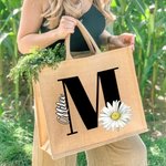 Personalized Birth Flower Jute Tote Bag with Initial and Name Travel Accessories Birthday Gift for Women