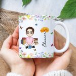 Personalised Cartoon Charatcer Birth Flower 11 oz Ceramic Mug with Name Birthday Christmas Gift for Book Lovers Bookworms