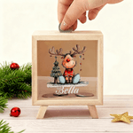 Personalized Cute Reindeer Christmas Tree Wood Clear Money Box Piggy Bank with Name Desk Decor Christmas Gift for Kids