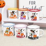 Tazza smaltata  da 355 ml personalizzabile con nome e personaggio animato a tema Halloween regalo di festa per bambini e ragazzi