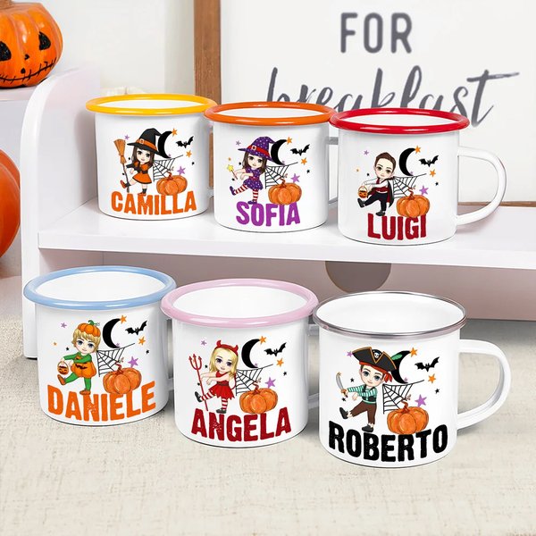 Tazza smaltata  da 355 ml personalizzabile con nome e personaggio animato a tema Halloween regalo di festa per bambini e ragazzi