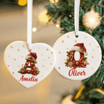Personalized Santa Hat Heart Round Ceramic Ornament with Name and Initial Tree Decor Christmas Gift for Family Kids