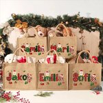 Personlig återanvändbar juteväska med julkonst och handskrivna namn perfekt julklapp för barn och familj