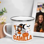 Tazza smaltata  da 355 ml personalizzabile con nome e personaggio animato a tema Halloween regalo di festa per bambini e ragazzi
