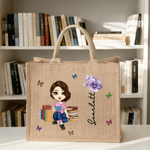 Personalized Cute Cartoon Character Jute Tote Bag with Birth Flower and Name Mother's Day Christmas Birthday Gift for Friends Family