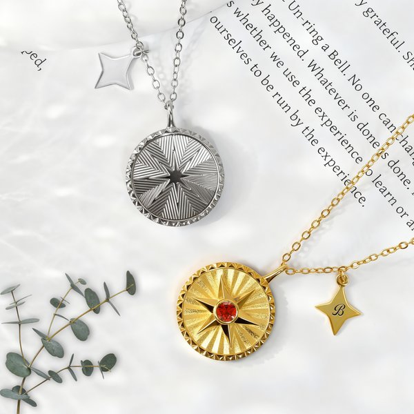 Personalised Hexagram Guardian Energy Coin Medal Necklace with Birthstone and Initial Dainty Family Jewellery Birthday Anniversary Gift for Women Men