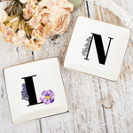 Personalized Birth Flower Ceramic Trinket Jewelry Dish with Initial and Name Wedding Engagement Birthday Christmas Gift for Women