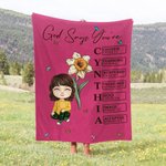 Personalized Birth Flower Bible Cartoon Character Soft Throw Blanket with Name Home Decor Baptism Christmas Gift for Christian Women