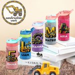 Personalisierte Construction Truck Initial 12 oz Kind Wasserflasche mit Namen und Silikonstroh täglichen Gebrauch Geburtstag zurück zu Schule Geschenk für Kinder