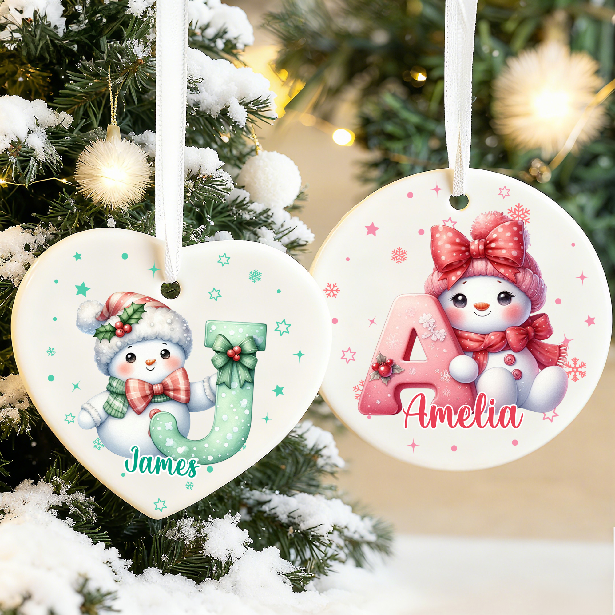 Ornement de Noël personnalisé avec nom, bonnet de père Noël et bonhomme de neige Cadeau de Noël pour les amis et la famille