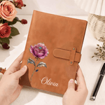 Personalized Birth Flower Name PU Leather A5 Notebook Cover with Storage Pocket Birthday Christmas Gift for Family Friends