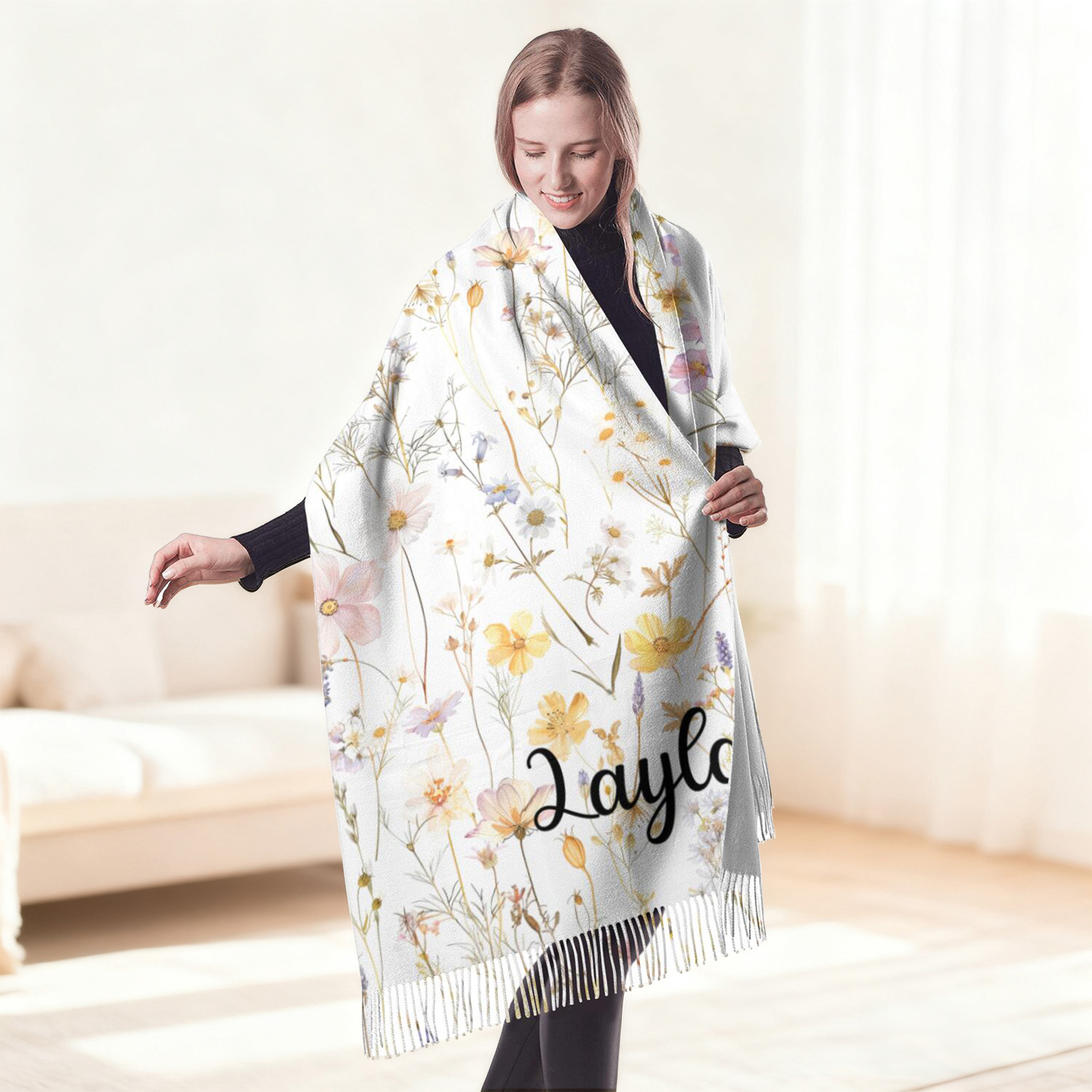 Foulard personnalisé au design classique de fleur aquarelle avec nom à porter tous les jours en hiver Cadeau d'anniversaire et de Noël pour la famille et les amis