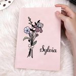 Personalised Pink Bow Birth Flower Bouquet Notebook with Name and Lined Pages Writing Accessory Daily Use Birthday Gift for Moms Women