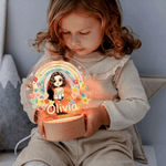 Personalized Cartoon Baby Rainbow Flower Acrylic LED Night Light with Wooden Base and Name Room Decor Birthday Christmas Gift for Kids Babies