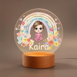 Personalized Cartoon Baby Rainbow Flower Acrylic LED Night Light with Wooden Base and Name Room Decor Birthday Christmas Gift for Kids Babies