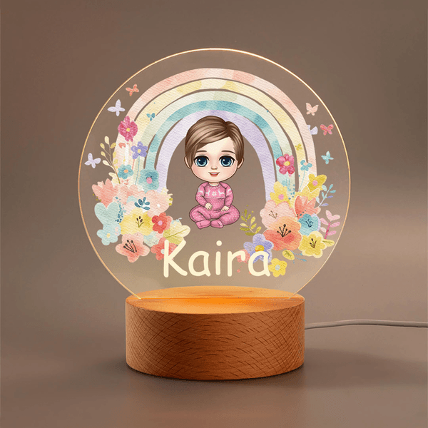 Personalized Cartoon Baby Rainbow Flower Acrylic LED Night Light with Wooden Base and Name Room Decor Birthday Christmas Gift for Kids Babies