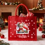 Personalized Cute Cartoon Christmas Reindeer Initial Red Jute Tote Bag with Name Daily Use Christmas Gift for Kids Family