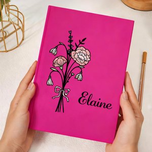 Personalised Pink Bow Birth Flower Bouquet Notebook with Name and Lined Pages Writing Accessory Daily Use Birthday Gift for Moms Women
