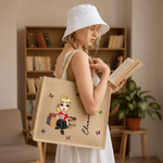 Personalized Cute Cartoon Character Jute Tote Bag with Birth Flower and Name Mother's Day Christmas Birthday Gift for Friends Family