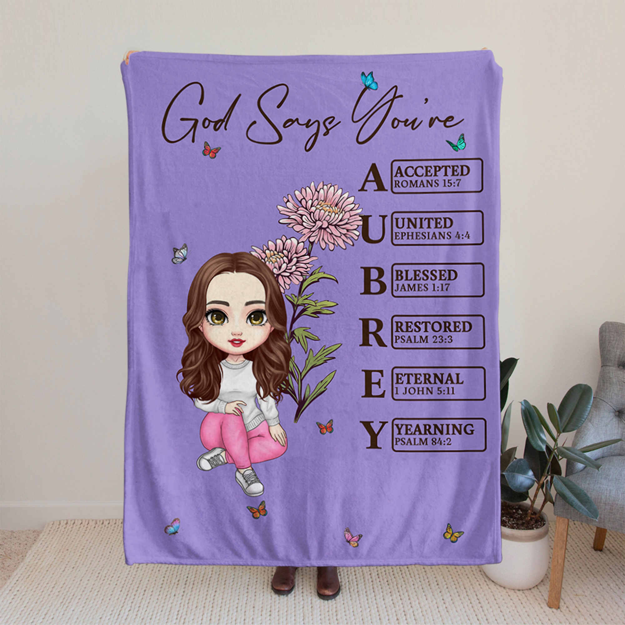 Personnalisé naissance fleur Bible Cartoon Character Soft Throw Blanket with Name Home Decor Baptism Christmas Gift for Christian Women