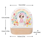 Personalised Cartoon Character Rainbow Floral Acrylic Night Light with Name and Wooden Base Room Decor Christmas Birthday Gift for Girls Boys