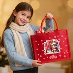 Personalized Cute Cartoon Christmas Reindeer Initial Red Jute Tote Bag with Name Daily Use Christmas Gift for Kids Family
