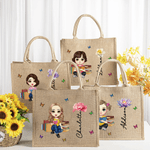 Personalized Cute Cartoon Character Jute Tote Bag with Birth Flower and Name Mother's Day Christmas Birthday Gift for Friends Family