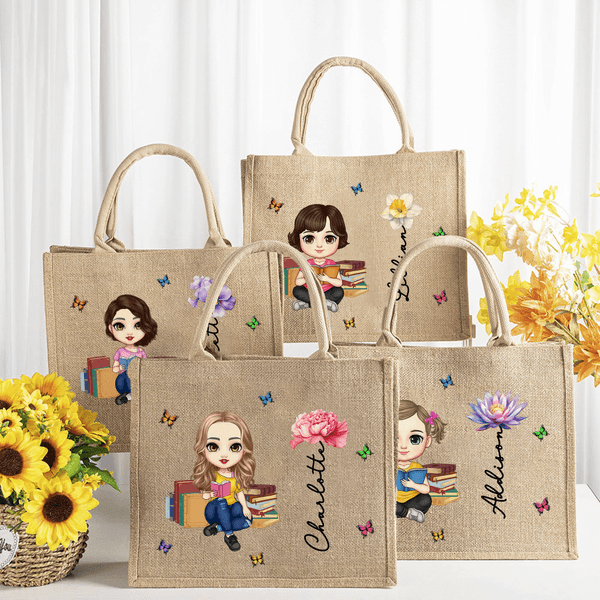 Personalized Cute Cartoon Character Jute Tote Bag with Birth Flower and Name Mother's Day Christmas Birthday Gift for Friends Family