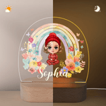 Personalised Cartoon Character Rainbow Floral Acrylic Night Light with Name and Wooden Base Room Decor Christmas Birthday Gift for Girls Boys