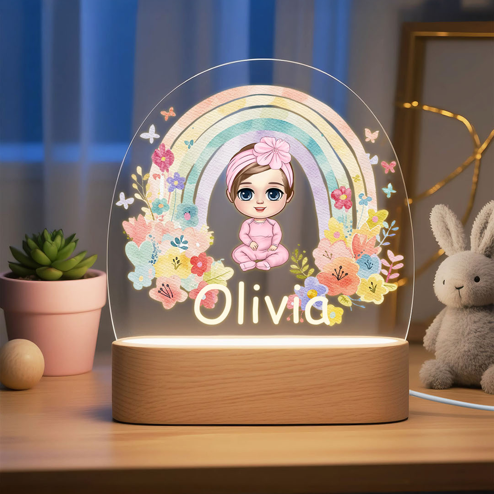 Veilleuse acrylique personnalisée avec nom et socle en bois Décoration de chambre Noël Anniversaire Cadeau pour filles Garçons