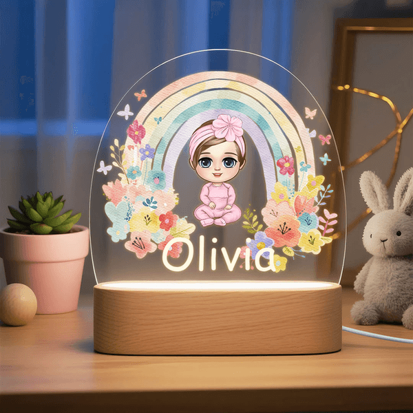 Personalised Cartoon Character Rainbow Floral Acrylic Night Light with Name and Wooden Base Room Decor Christmas Birthday Gift for Girls Boys